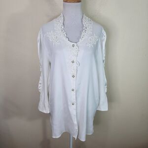 Vintage Vogelsang Womens White Satin Long Sleeve Blouse Shirt Embroidered Size 8